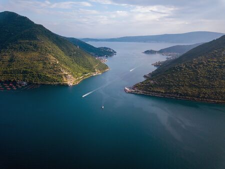Aerial photo of a blue sea in Kotor bay Montenegroの写真素材