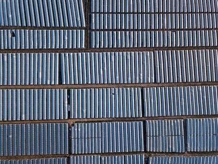 Aerial photo of greenhouses shot from aboveの写真素材