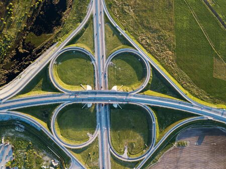 Summer aerial photo of transport junction, traffic cross road junction day view from aboveの写真素材