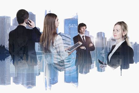 Young business people against moderm city panoramaの写真素材