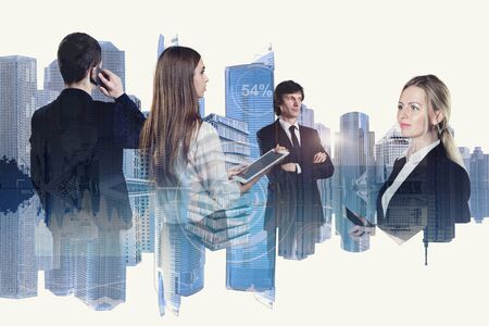 Young business people against moderm city panoramaの写真素材