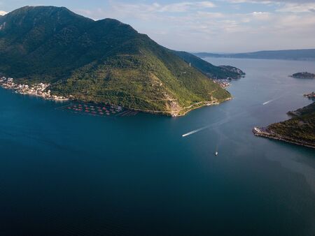 Aerial photo of a blue sea in Kotor bay Montenegroの写真素材