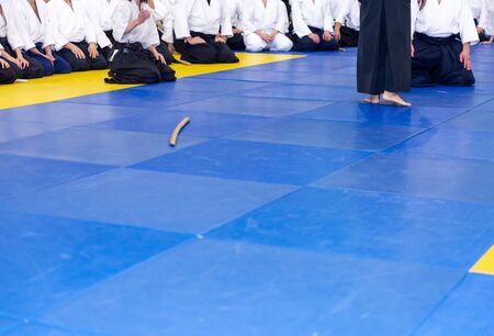 People in kimono and hakama on martial arts trainingの写真素材