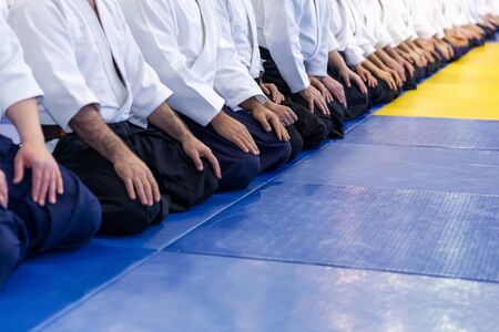 People in kimono and hakama on martial arts trainingの写真素材