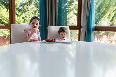 Cute children eating fresh ripe strawberries at homeの写真素材