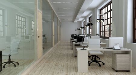 Front view of the office interior with large windows and a row of light wood tables. 3d renderingの写真素材