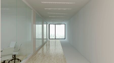 The corridor in modern office with conference rooms and large blank wall against. 3d renderingの写真素材