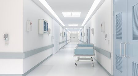 Long corridor with medical bed in modern hospital. 3D illustrationの写真素材