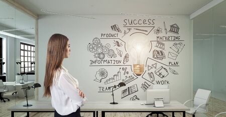 A businesswoman standing in modern office with creative business strategy sketch drawn on white wallの写真素材