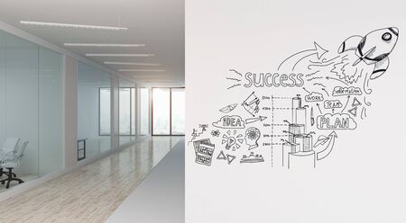 A modern office with creative business strategy sketch drawn on white wallの写真素材