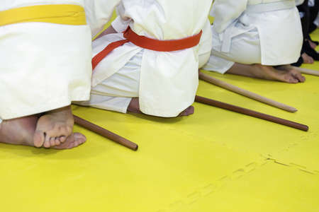 People in kimono on martial arts weapon training seminarの写真素材