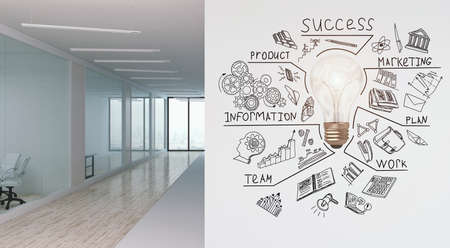 A modern office with creative business strategy sketch drawn on white wallの写真素材