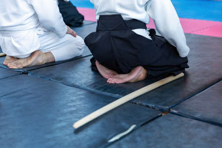 People in kimono on martial arts weapon training seminarの写真素材