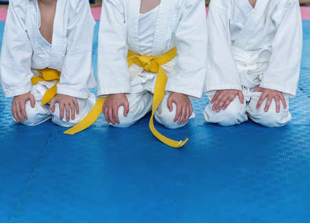 Children in kimono are sitting on tatamiの写真素材