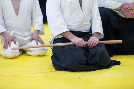 People in kimono on martial arts weapon training seminarの写真素材