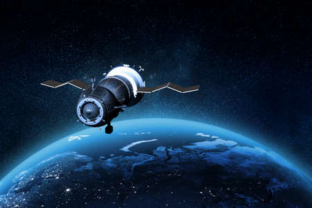Spaceship in the orbit of the Earth.  Mixed media collage containing 3d illustration elementsの写真素材