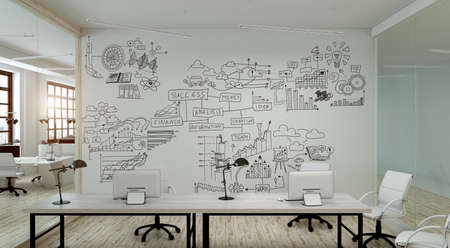 A modern office with creative business strategy sketch drawn on white wallの写真素材