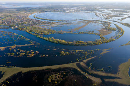 Scenic aerial view of high water in spring timeの写真素材
