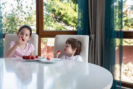 Cute children eating fresh ripe strawberries at homeの写真素材