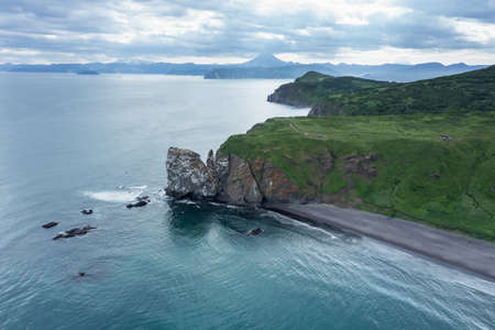Khalaktyrsky beach and rocky Cape Vertical on Kamchatka peninsula. Russia, Pacific oceanの写真素材