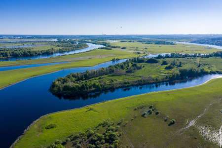 Scenic aerial view of high water in spring timeの写真素材