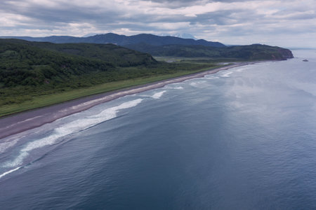 Khalaktyrsky beach with black sand on Kamchatka peninsula, Russia, Pacific oceanの写真素材