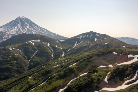 Beautiful mountain landscape of Vilyuchinsky Volcano at sunny day. Kamchatka Peninsula, Russiaの写真素材