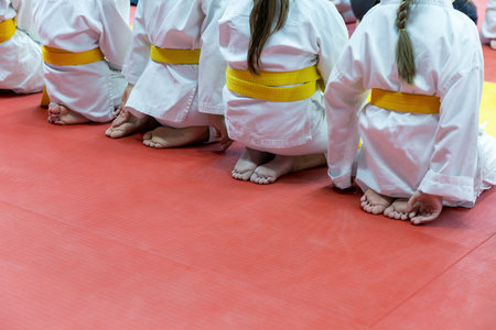 Children in kimono sitting in a line on tatamiの写真素材