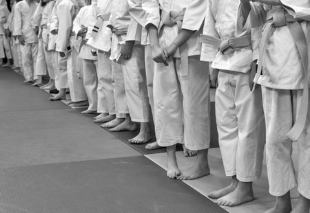 Children in kimono standing in a line on tatamiの写真素材