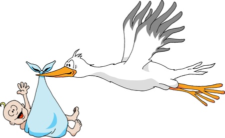 Humorous illustration of a Stork carrying a Baby Boy.のイラスト素材