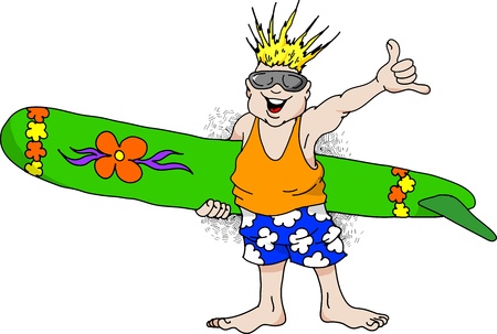 Cartoon image of a very happy man with a surfboard.のイラスト素材