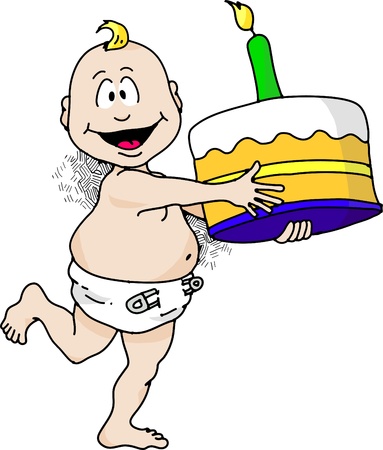 Cartoon image of a baby running with a birthday cake.のイラスト素材
