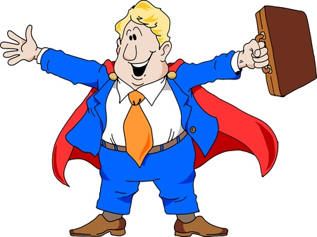 Cartoon illustration of an excited salesman wearing a super hero cape.のイラスト素材