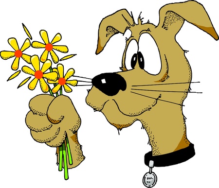 Cartoon image of a dog holding a bunch of flowers.のイラスト素材