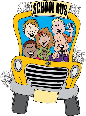Cartoon image of a school bus taking a group of kids back to school.のイラスト素材
