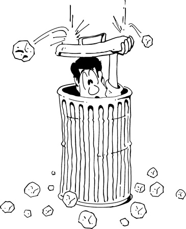 Cartoon of a man hiding from hail in a garbage canのイラスト素材
