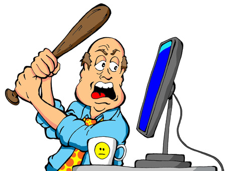 Cartoon of an angry computer user about to destroy his computer with a baseball batのイラスト素材