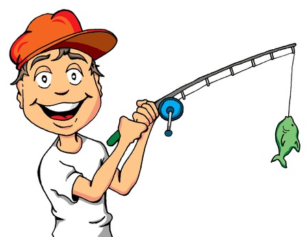 Vector Cartoon of a Happy Kid Who Just Caught a Fishのイラスト素材