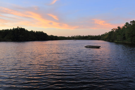Sunset on the river Dnieper in Kremenchug, Ukraineの写真素材