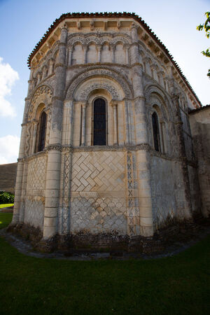 General abse view of the romanesque Rioux church. Region of Charente in Franceの写真素材