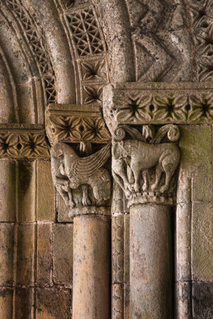 Fine romanesque carving in the church of San Andres de Valdebarzana in Spainの写真素材