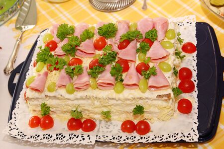 Sandwich layers with ham, vegetables, cheese and saucesの写真素材