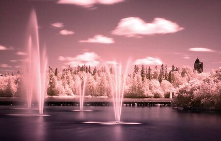Infra red photo of city scape and parkの写真素材