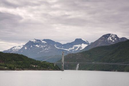 Norway landscape, fjord and mountains in the background