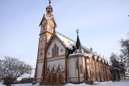 Beautiful wooden church in the town Kajaani, Finlandの写真素材