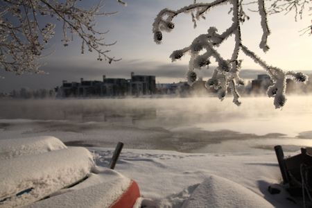 Very cold day, view over a river in Finlandの写真素材