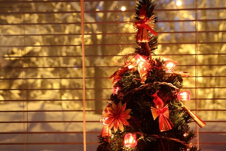 Christmas tree by the window with lights onの写真素材
