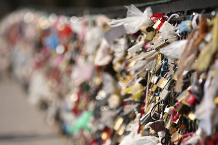 Very many love symbol locks on a bridgeのeditorial素材