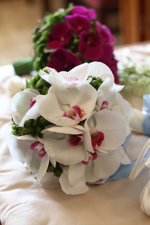 Beautiful bridal bouquet with phalaenopsis orchid flowersの写真素材
