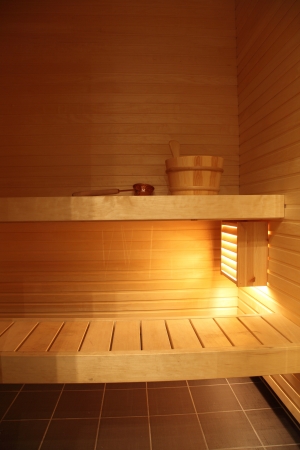 Modern Finnish bathroom with sauna, wooden saunaの写真素材